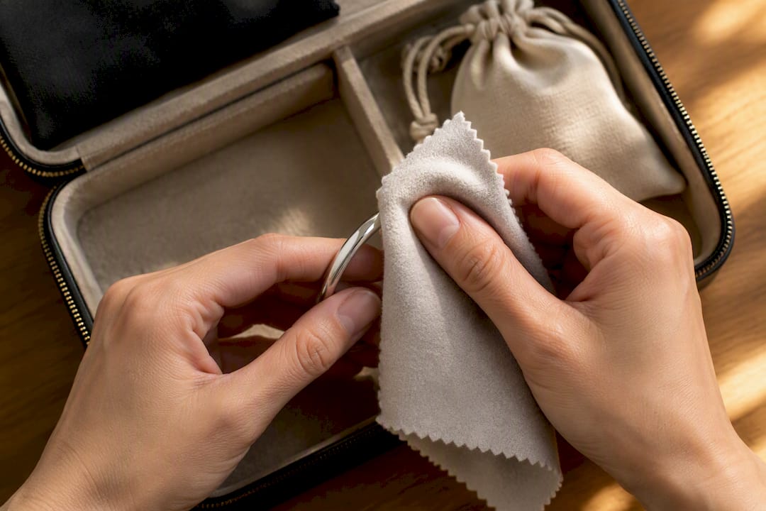 Hands wiping silver with a polishing cloth