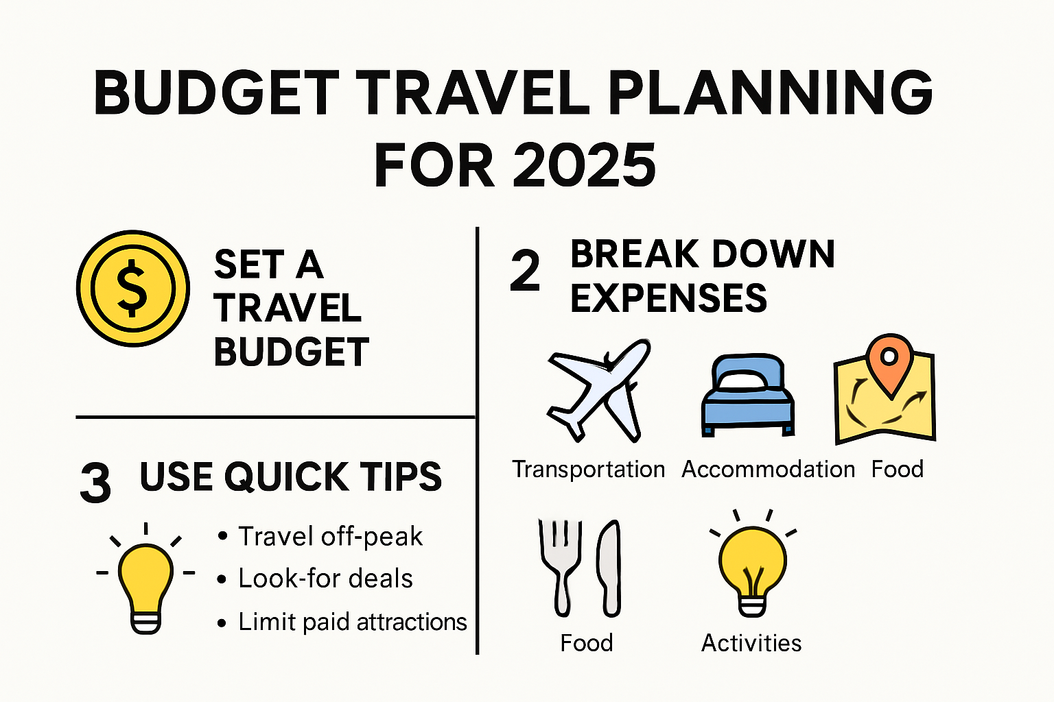 Budget travel planning process and savings infographic