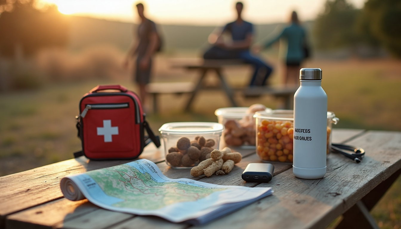 Close-up of packed road trip essentials on table