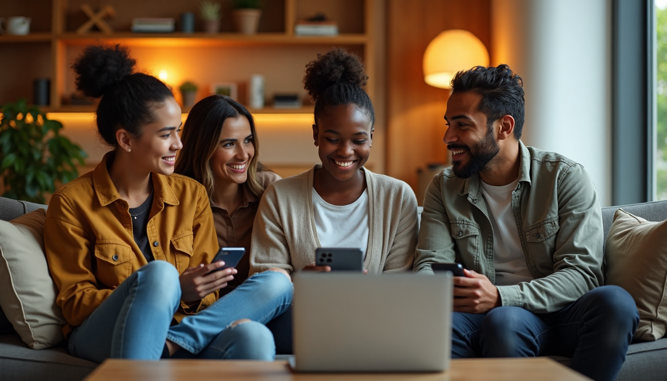 Travelers researching flights in a comfortable hostel lounge