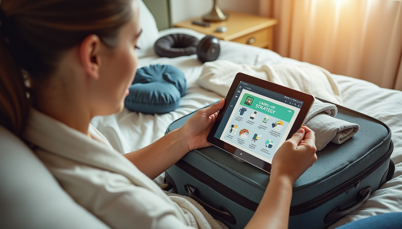 Traveler organizes carry-on packing in sunlit bedroom