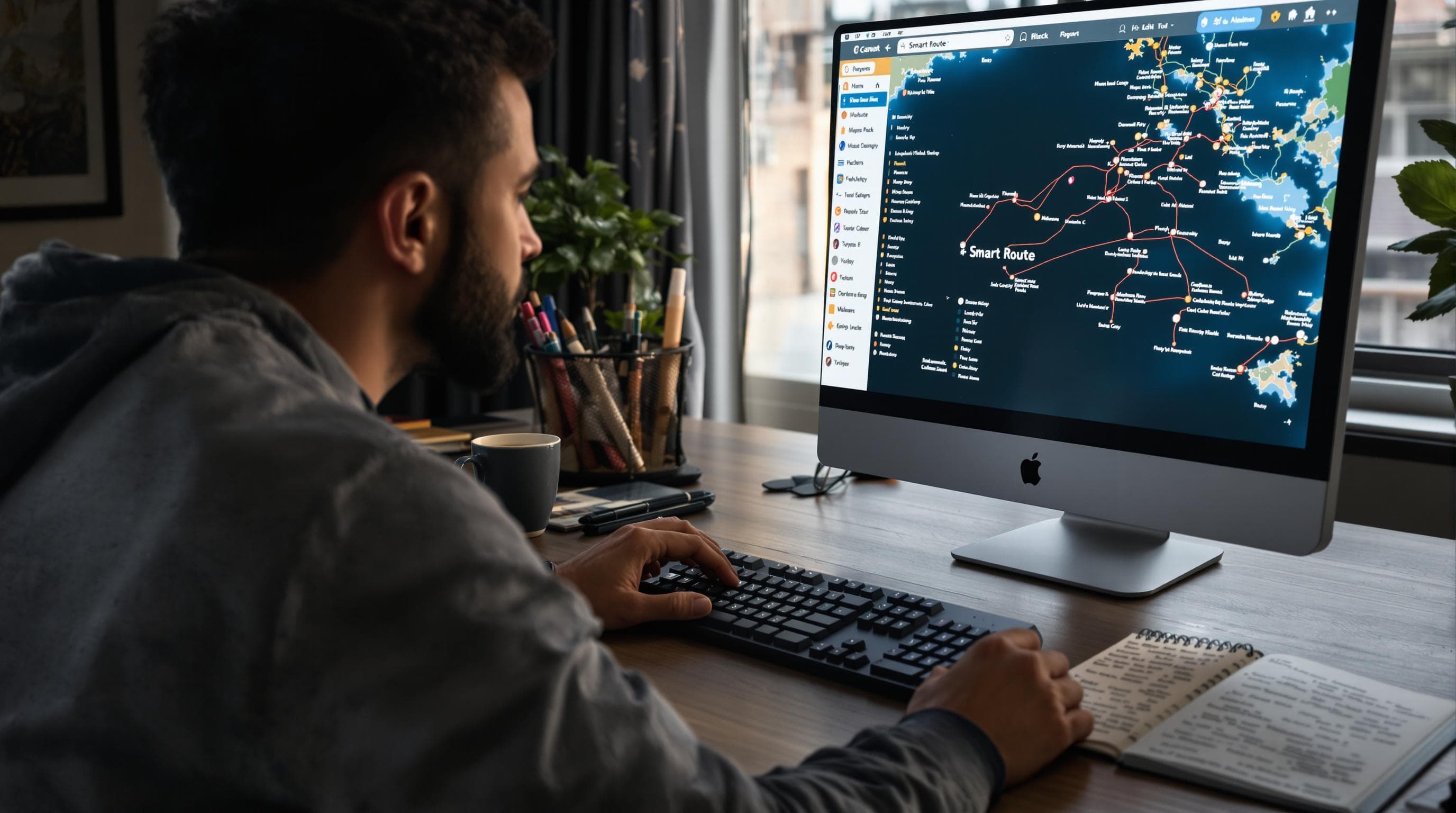 Traveler booking multi-city flights at home desk