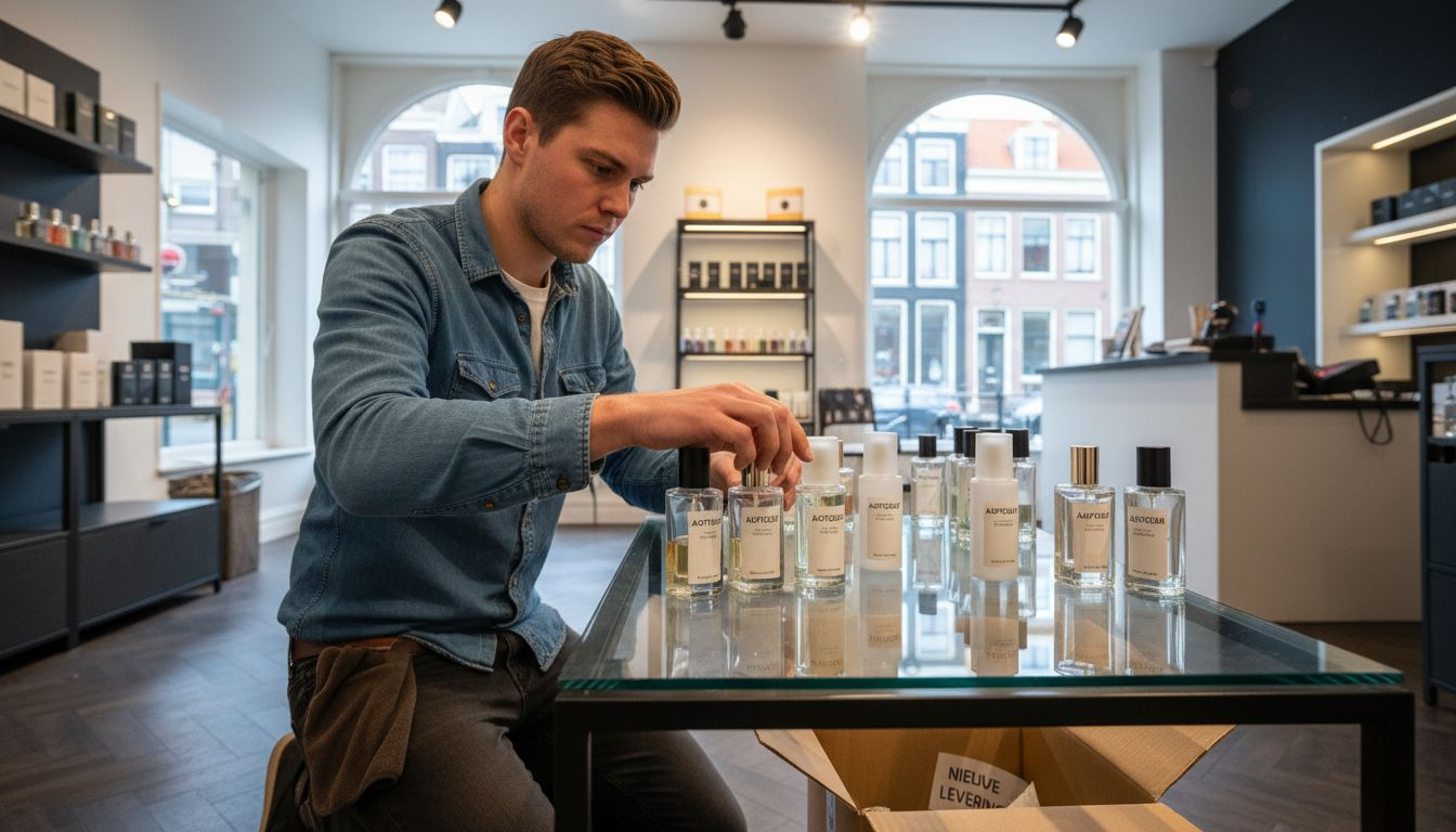 Een medewerker in de winkel zet de autoparfumflesjes netjes op een rij in het schap.