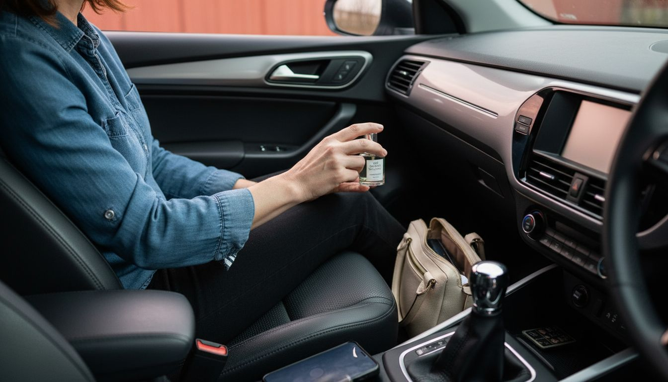 Een vrouw plaatst een autoparfum in het dashboard, zorgvuldig buiten het directe zonlicht.