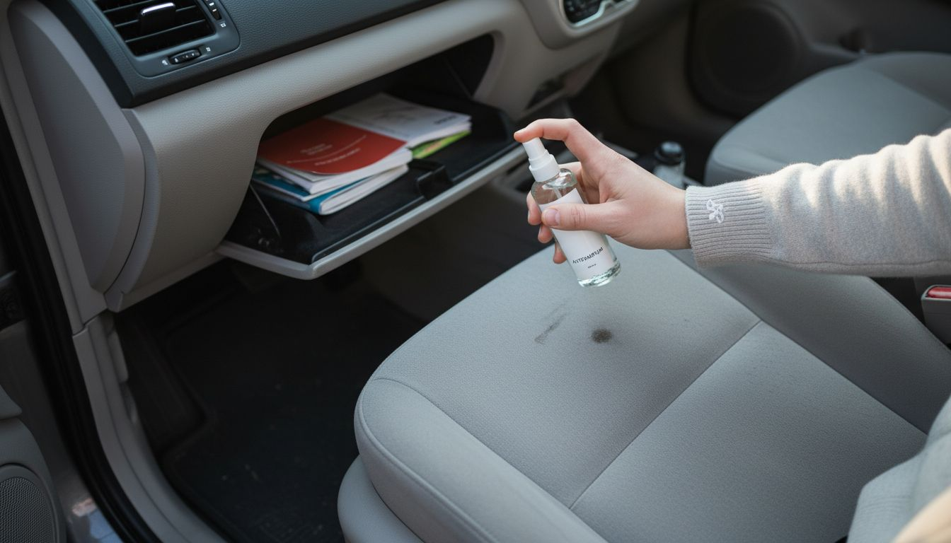 Test: autoparfum op de stoffen autostoel gesprayd om te kijken hoe het ruikt en of er vlekken ontstaan.