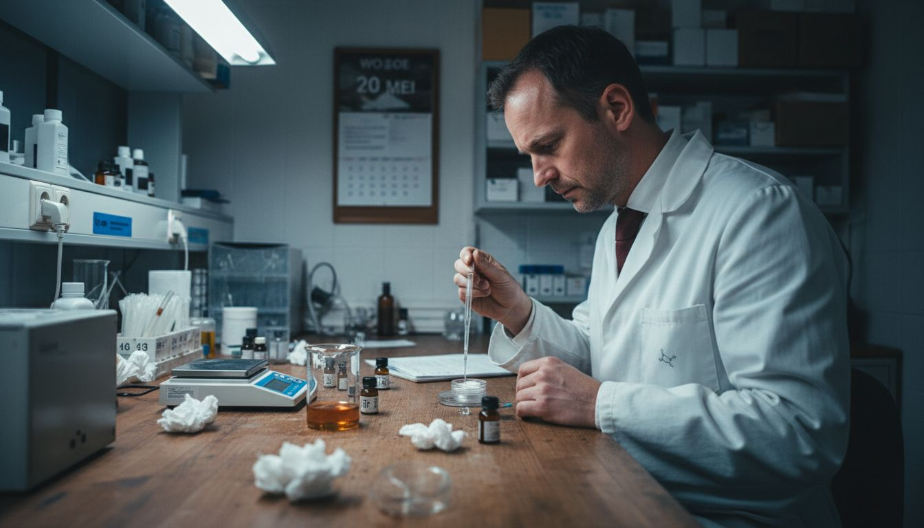 In het laboratorium meet een medewerker zorgvuldig de benodigde geurstoffen af.