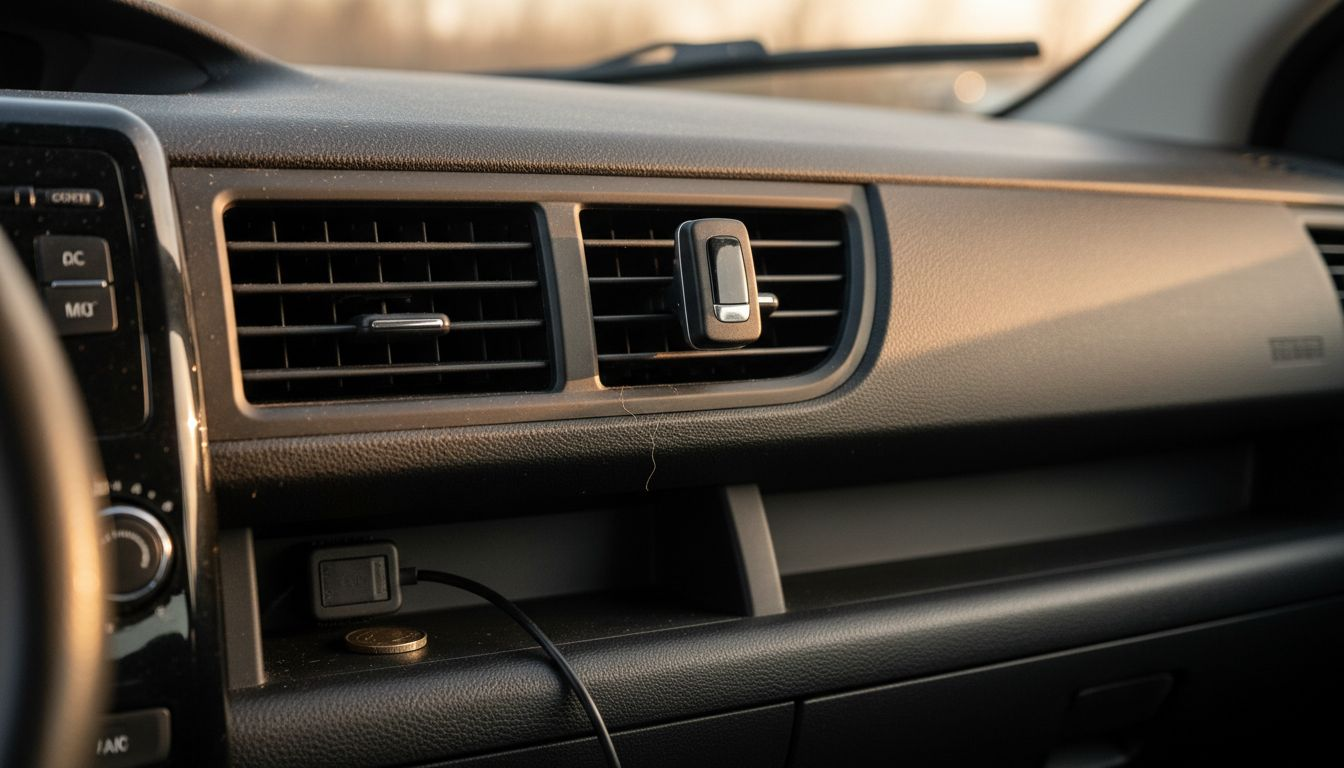 Close-up van een luchtverfrisser die aan het ventilatierooster van een auto is bevestigd.