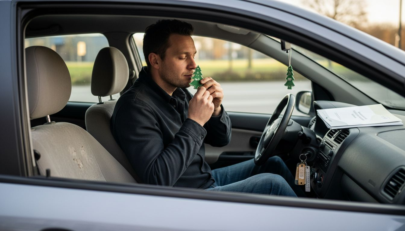 Een man geniet van de geur van autoparfum in zijn auto.