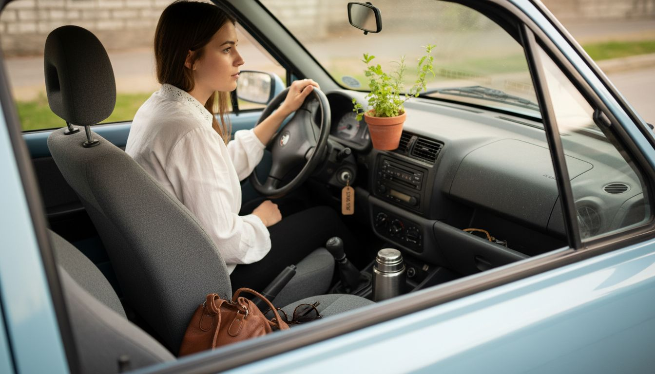 Vrouw voelt zich helemaal op haar gemak dankzij de rustgevende geur in de auto.