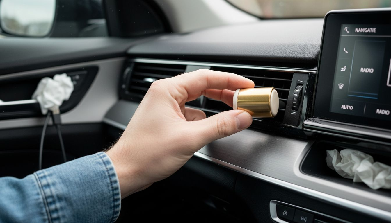 Close-up van een autoparfum dat in het ventilatierooster van een auto is geplaatst.