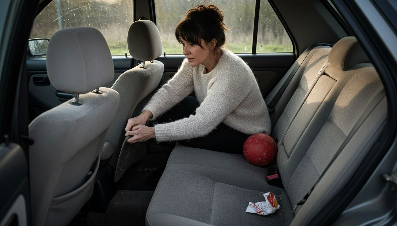 Vrouw speurt naar vreemde lucht onder autostoel