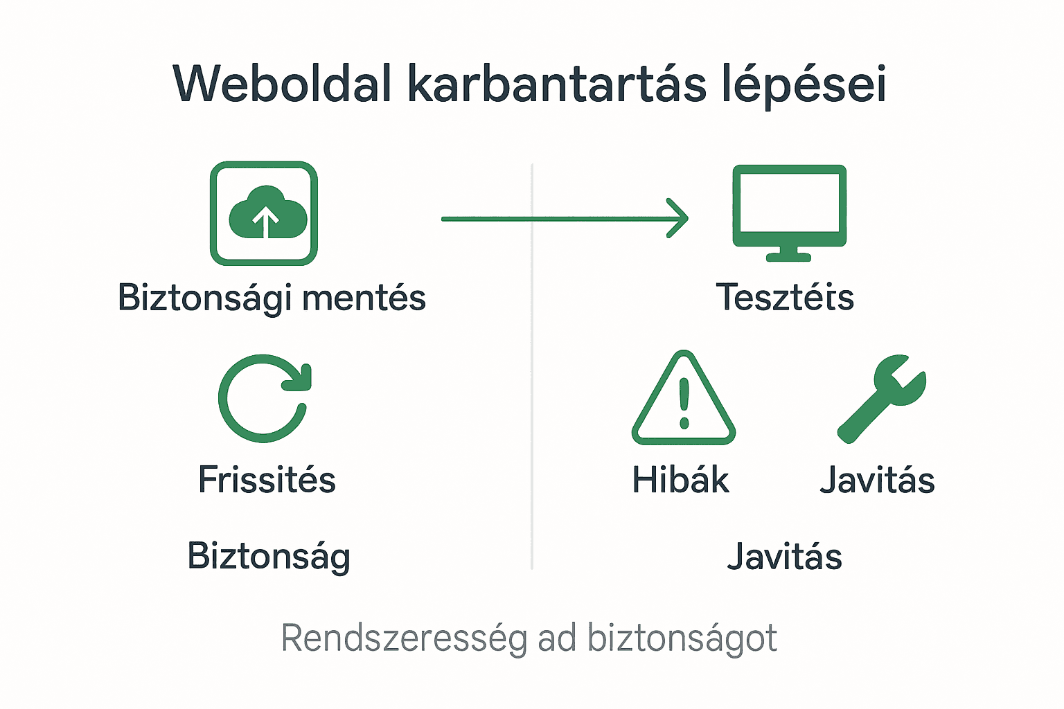 Infografika a weboldal rendszeres karbantartásának legfontosabb lépéseiről