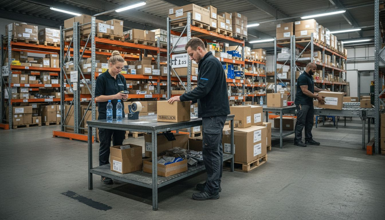 Mitarbeiter in einheitlicher Firmenkleidung sortieren Pakete.