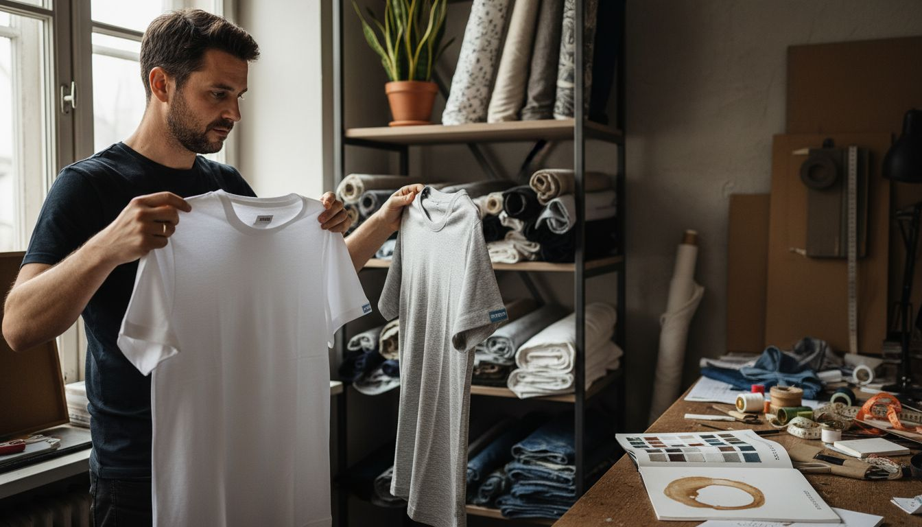 Ein Designer macht sich auf die Suche nach dem passenden Stoff und nimmt dafür verschiedene T-Shirt-Materialien genau unter die Lupe.
