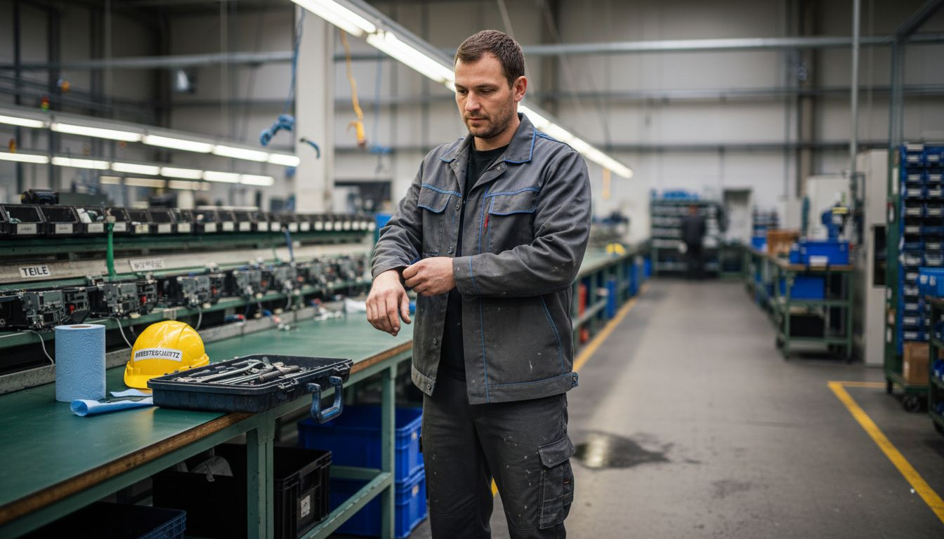 Mitarbeiter in der Produktion tragen individuell gestaltete Arbeitskleidung mit Firmenlogo.