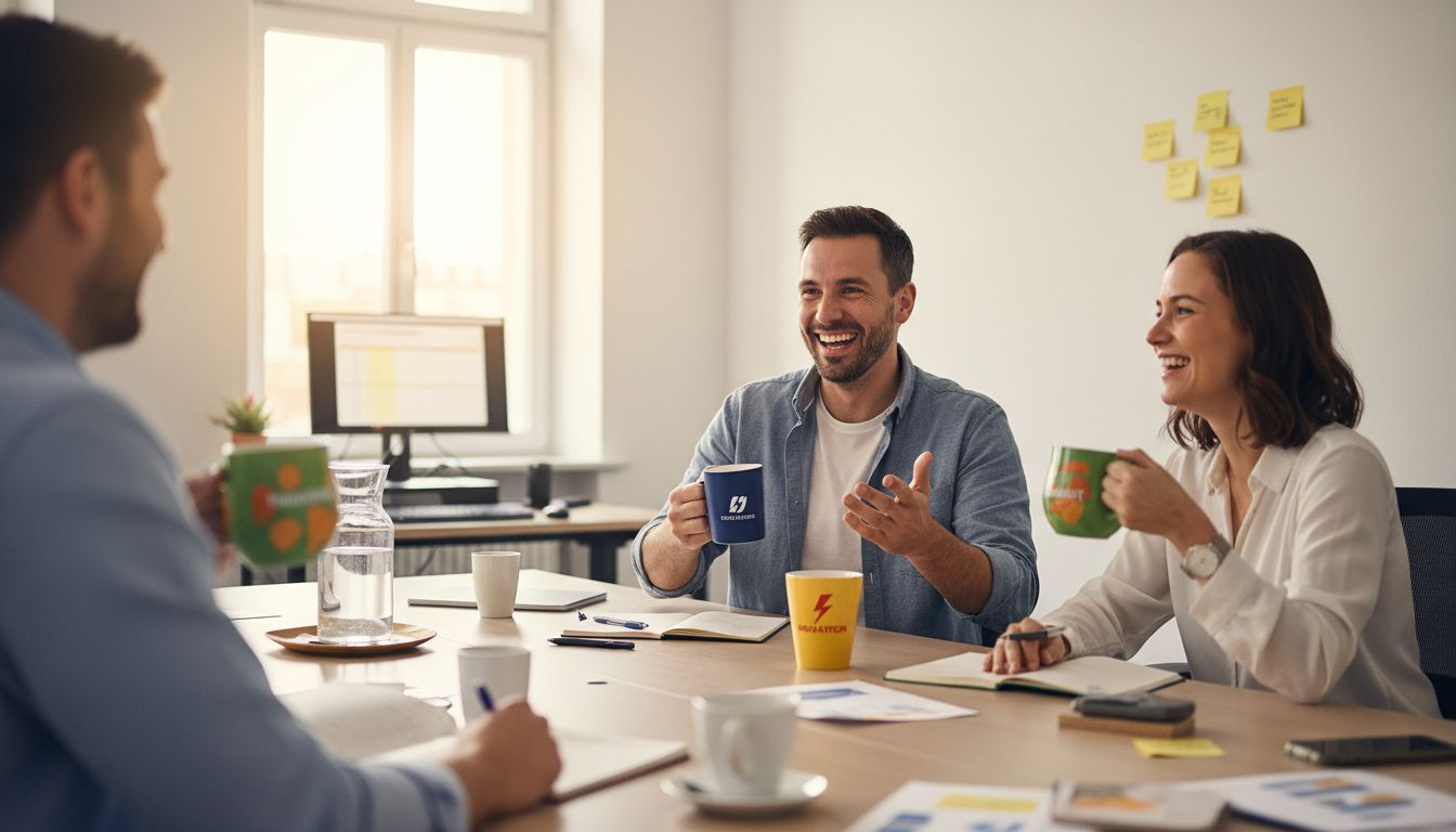 Beim Teammeeting stehen verschiedene bunte Werbetassen auf dem Tisch – jeder hat seine eigene Lieblingstasse mitgebracht.