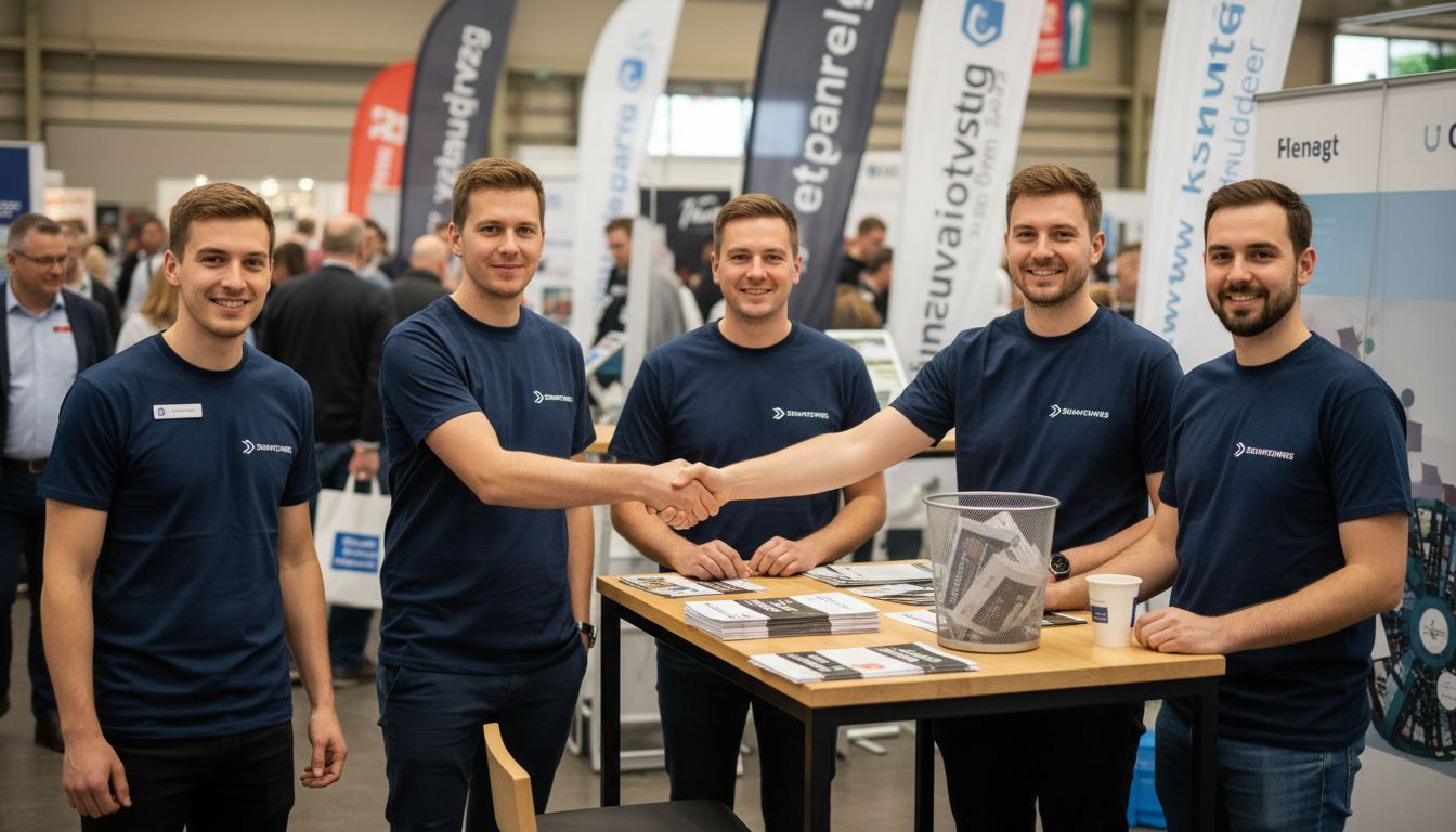 Unser Team, leger in T-Shirts gekleidet, kommt am Messestand mit den Besuchern ins Gespräch und steht für Fragen und Austausch bereit.