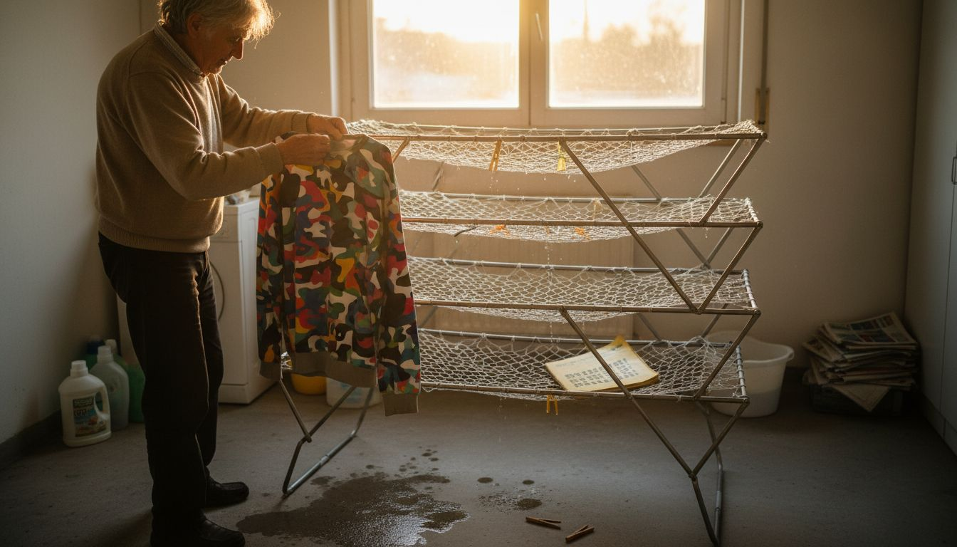 Ein Mann hängt sein bedrucktes Sweatshirt zum sorgfältigen Trocknen auf.