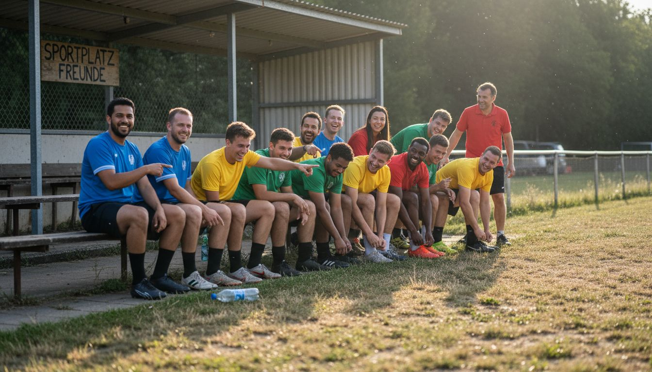 Mitglieder des Vereins tragen ihre Teamtrikots und stehen gemeinsam auf dem Sportplatz.