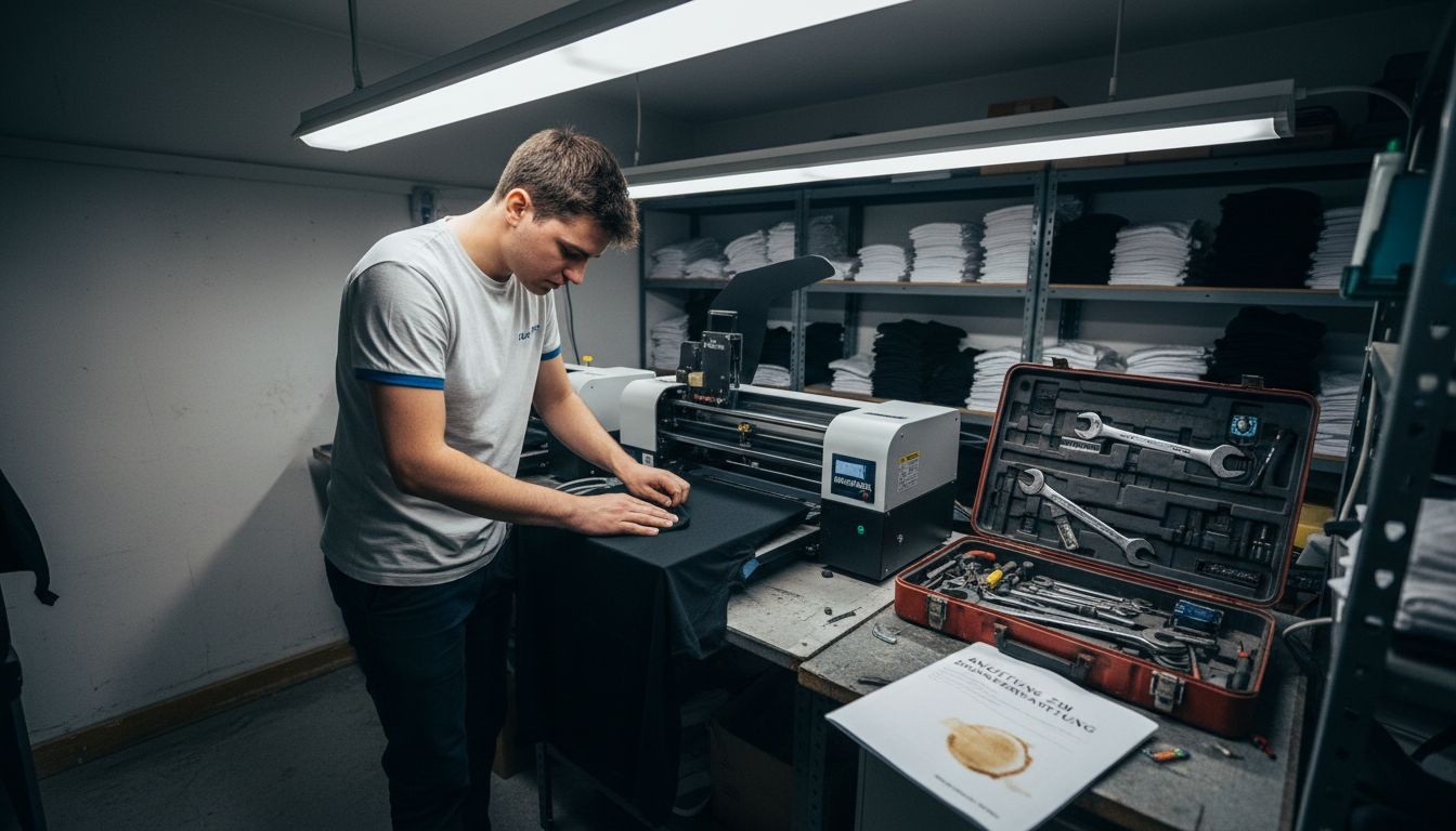 Ein Techniker führt im Workshop die Textildruckmaschine vor.