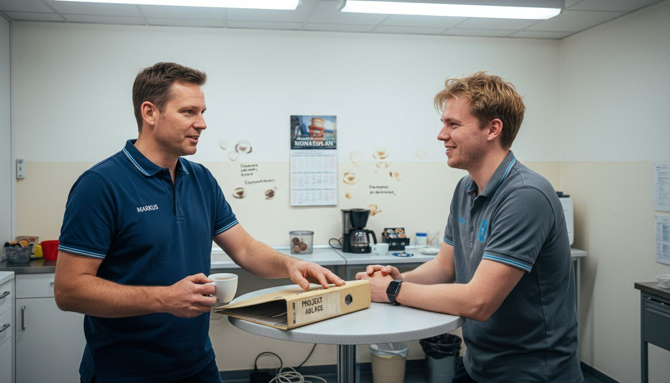 Mitarbeiter tauschen sich aus – einheitlich gekleidet im Team-Look