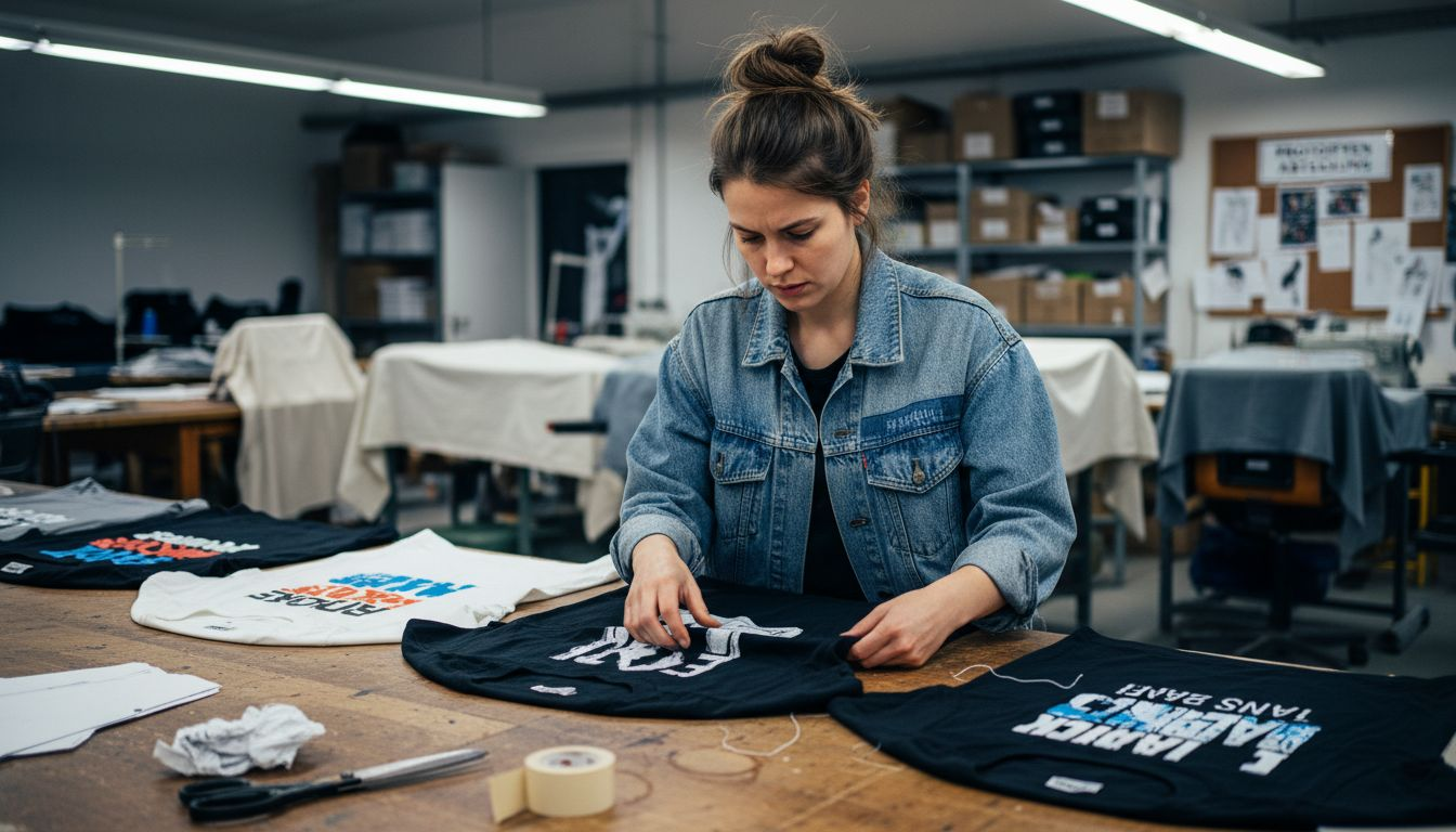 Der Markeninhaber begutachtet persönlich die bedruckten T-Shirts, um sich von der Qualität der Grafiken zu überzeugen.