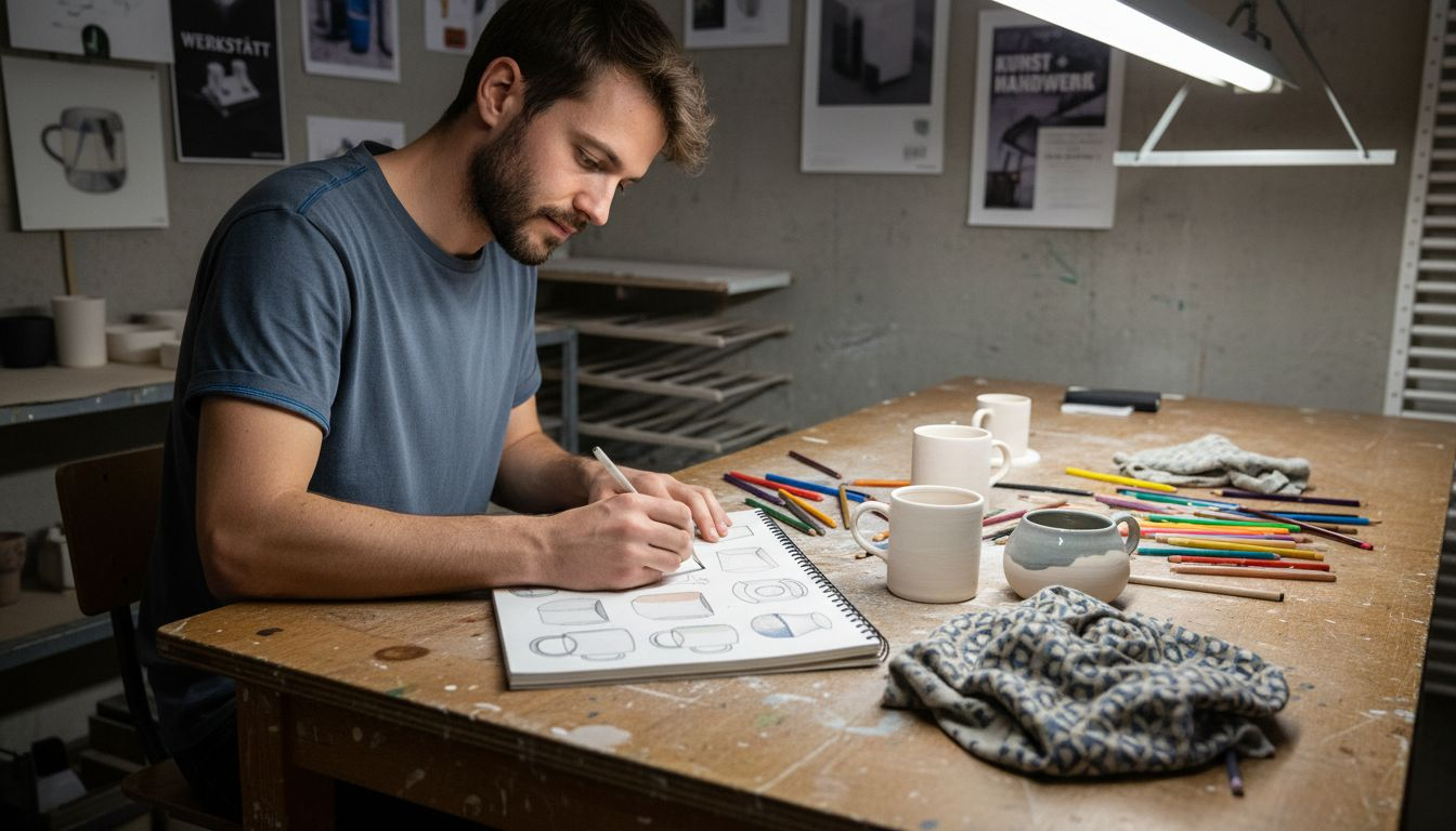 Ein Designer entwirft individuelle Tassenmotive in seinem Atelier.