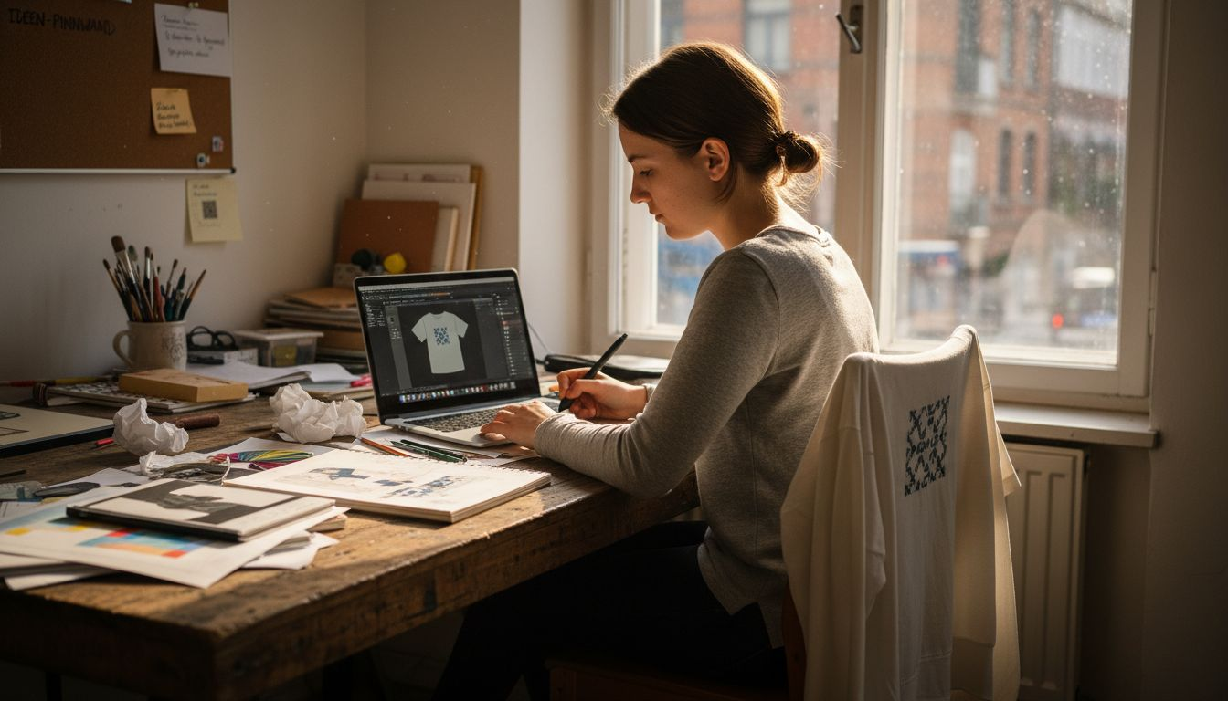 Ein Designer entwirft digitale Grafiken für T-Shirts.