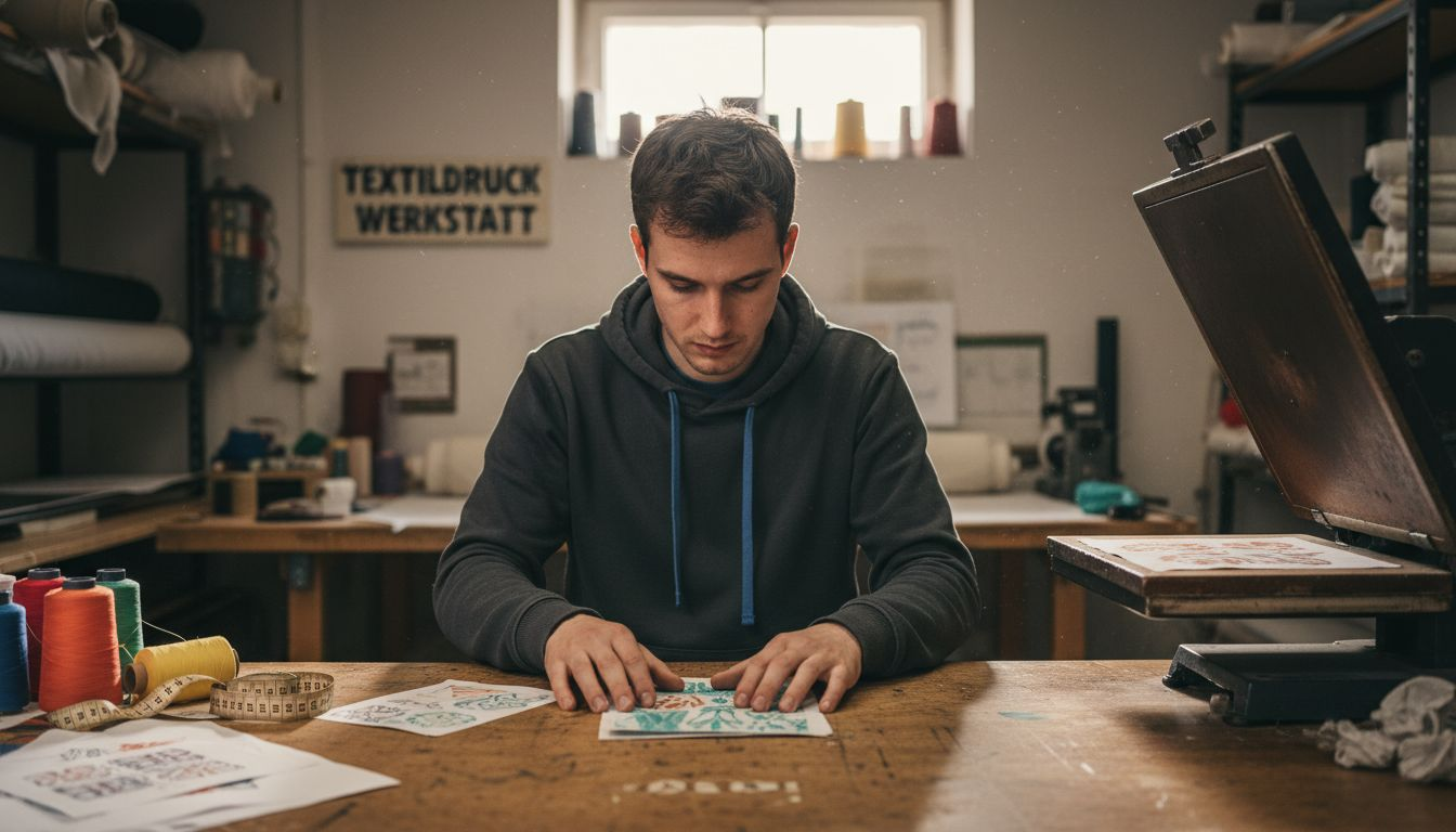 Eine Designerin begutachtet Stoffmuster in einer Druckerei.