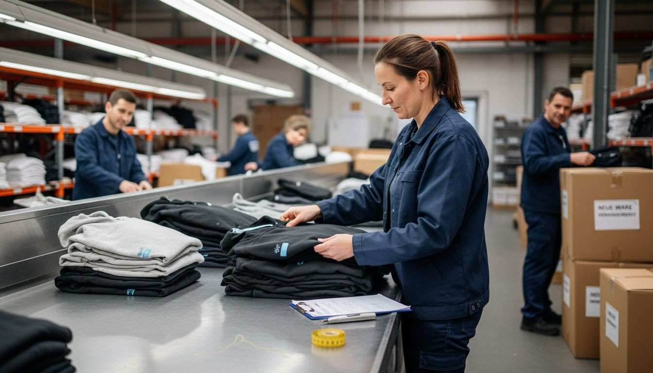 Ein Produktionsleiter überprüft die Qualität der bedruckten Stoffe.