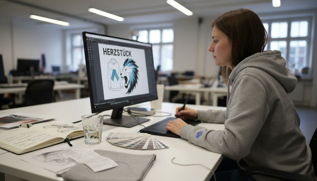 Ein Designer erstellt im Studio die Druckdatei für einen Hoodie.