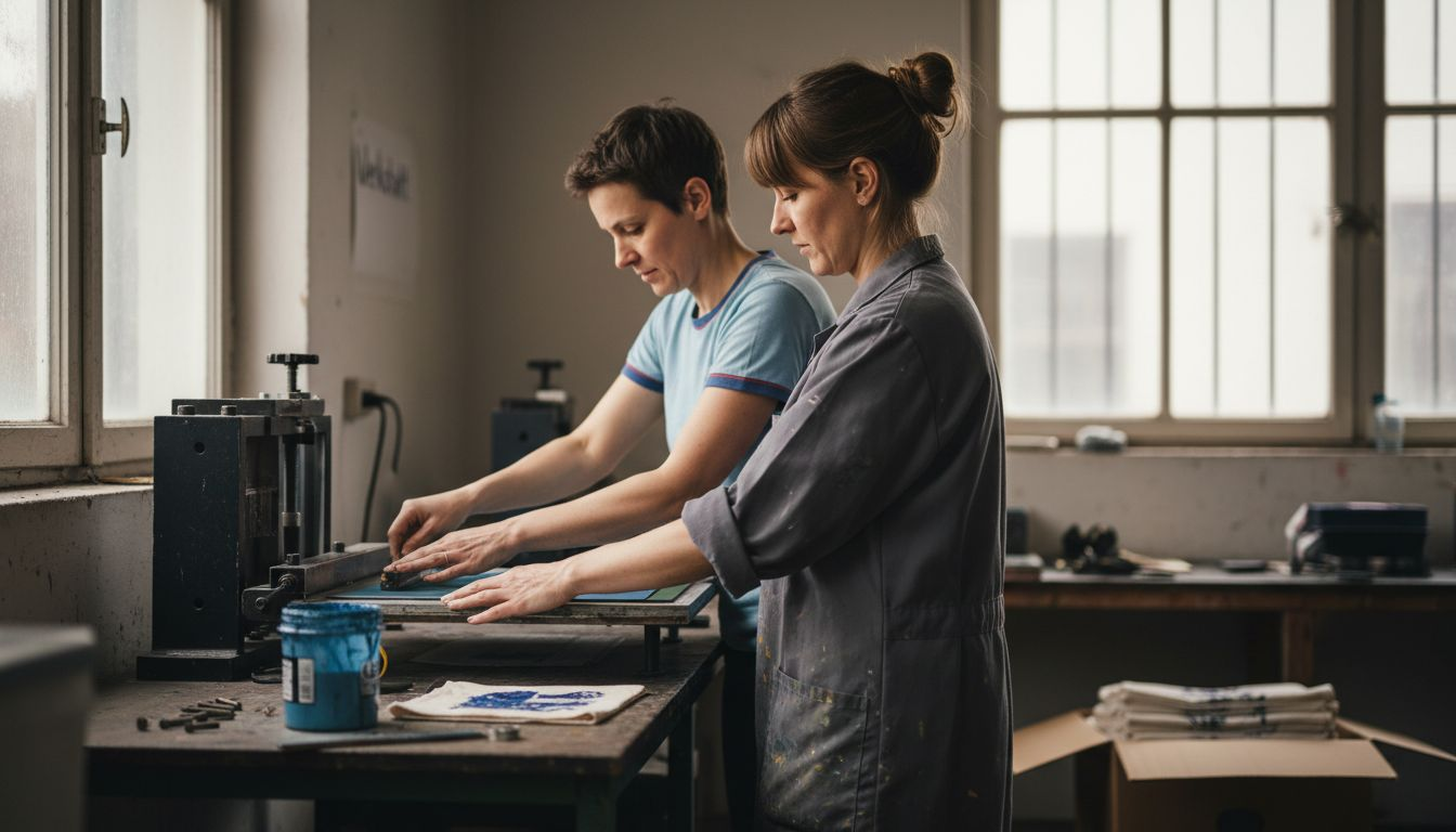 Zwei Frauen richten eine Schablone an der Siebdruckmaschine präzise aus.