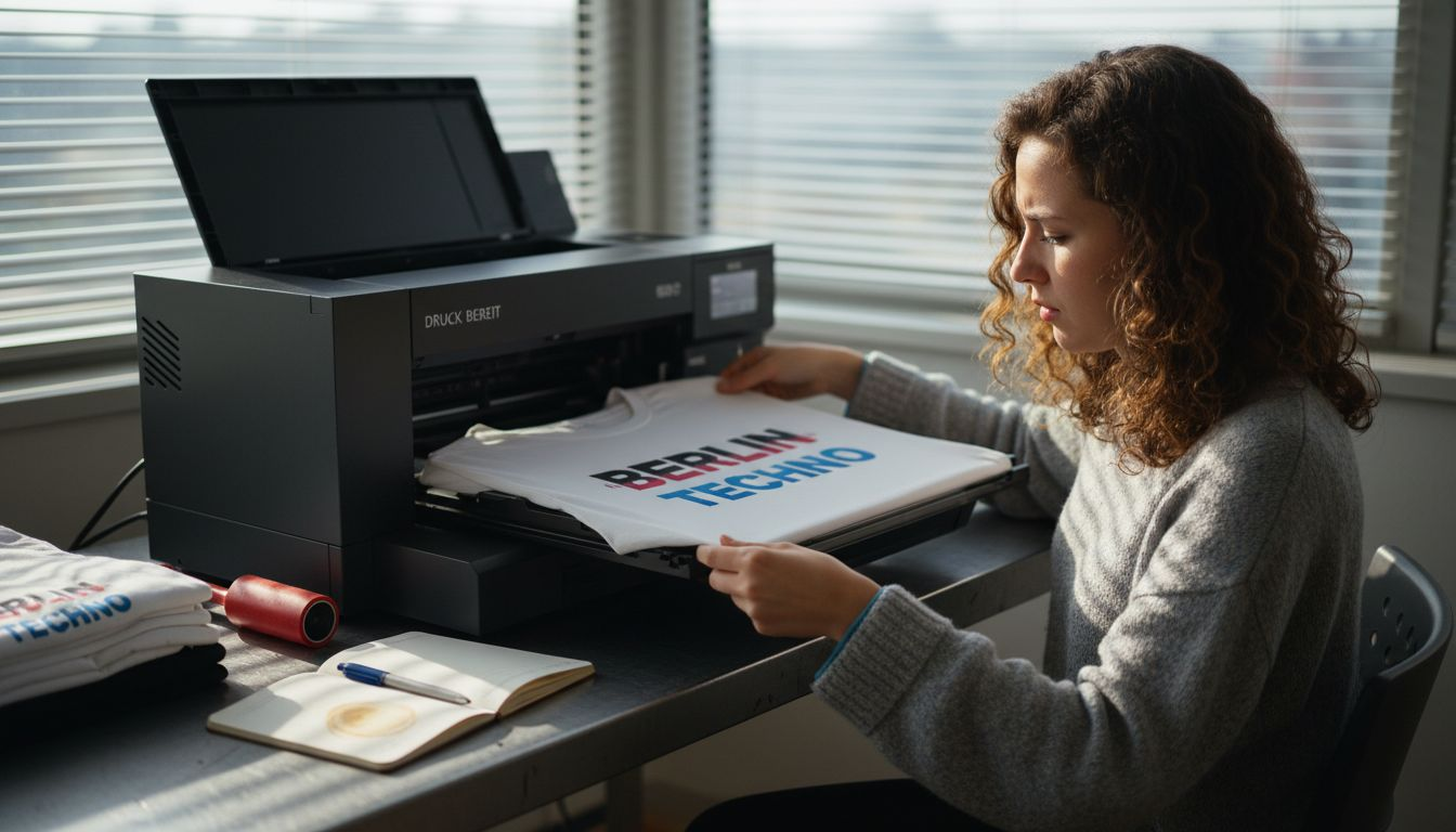 Ein Mitarbeiter nimmt ein frisch bedrucktes T-Shirt aus dem Direktdrucker.
