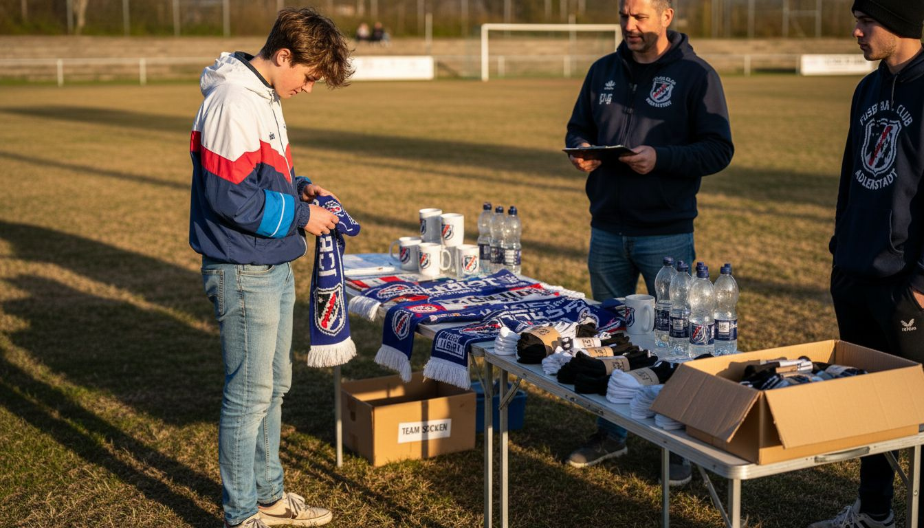 Ein Fan schlendert neugierig am Stand mit individuell gestalteten Fanartikeln seines Lieblingsteams vorbei.