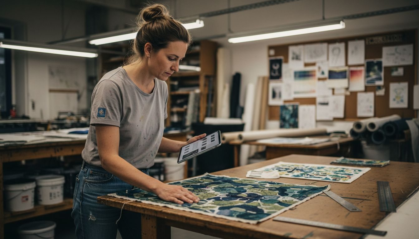 Ein Designer prüft Andrucke, um die Farbqualität zu kontrollieren.