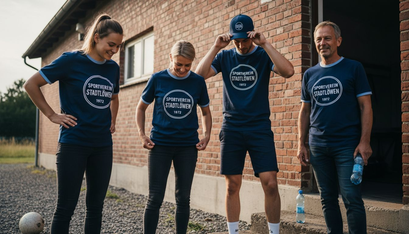 Das Vereinsteam probiert seine neuen bedruckten T-Shirts im Freien aus.