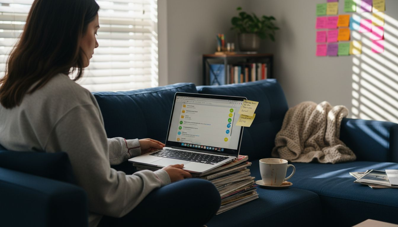 Young woman organizing digital tags and notes