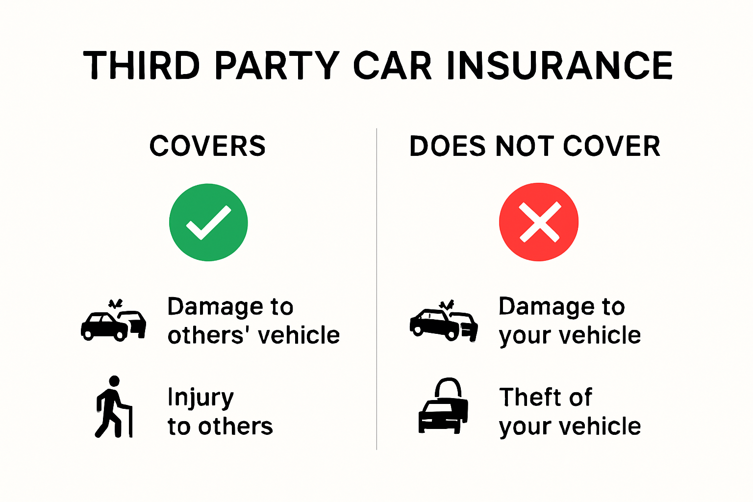 Visual summary of third party car insurance coverage and exclusions