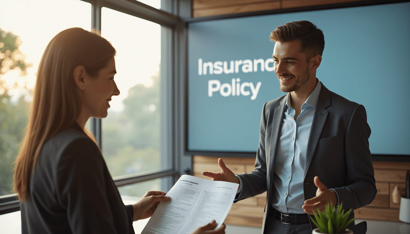 Insurance advisor and client discussing papers in office meeting