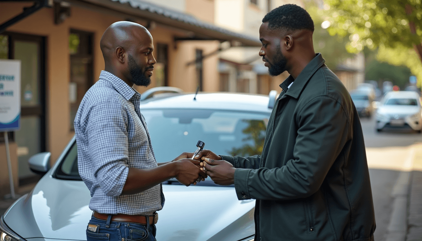 South Africans transferring car insurance with keys and documents by sedan