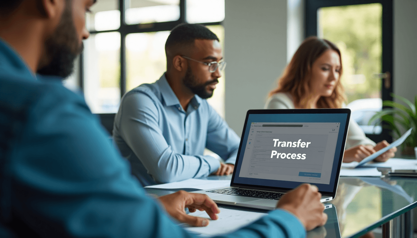 Consultant and client reviewing car insurance transfer on screen