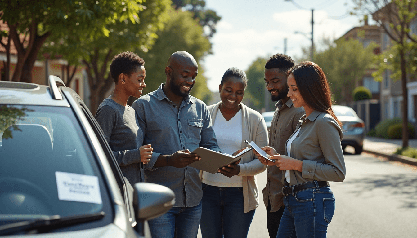 South Africans and insurance agent discussing policy near car