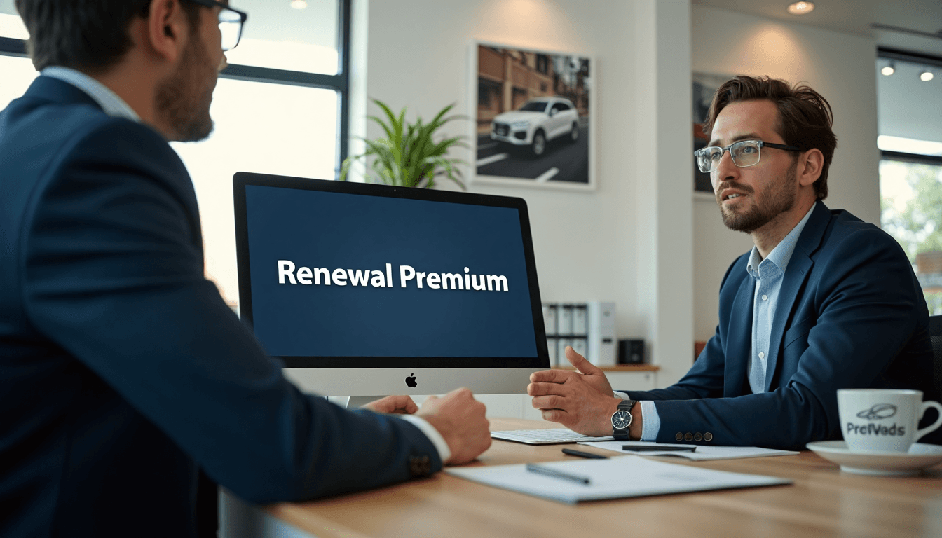 Insurance advisor showing renewal premium options on screen