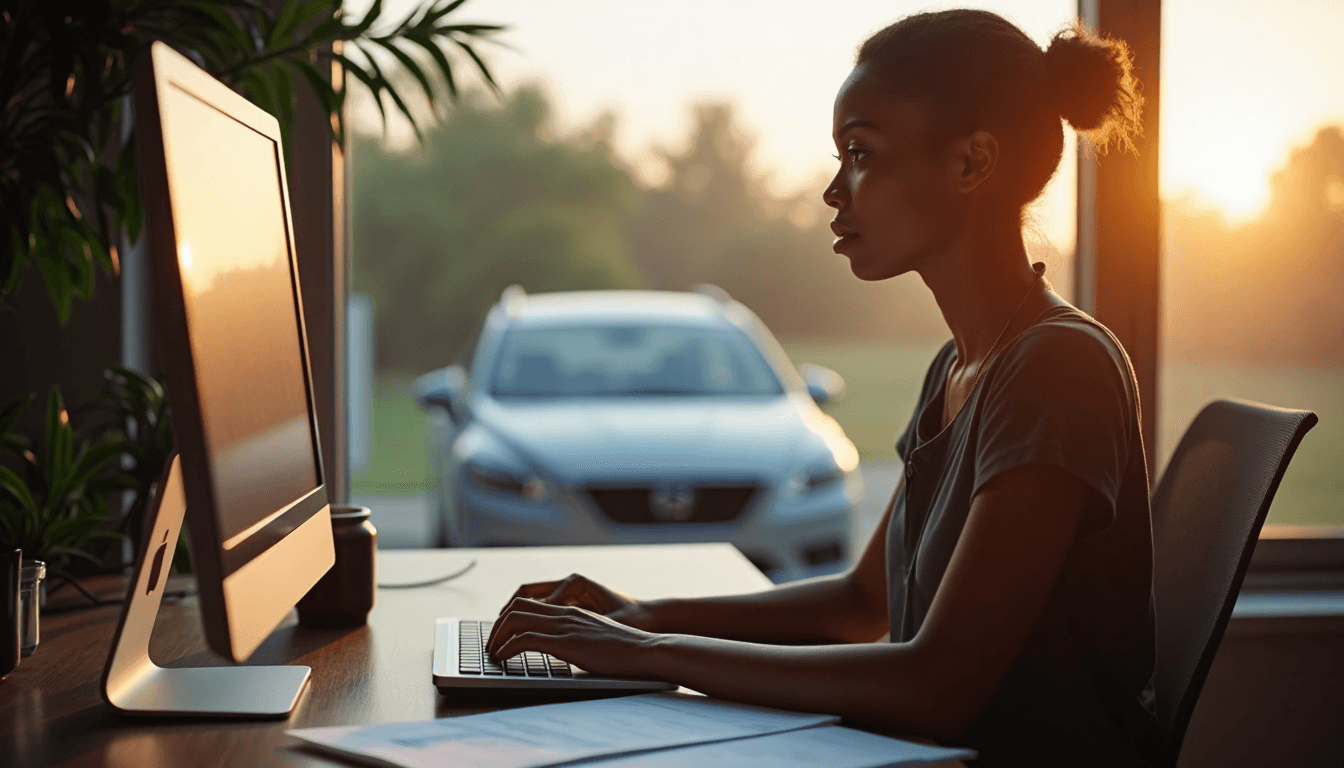 Woman updating car insurance in bright home office with car visible
