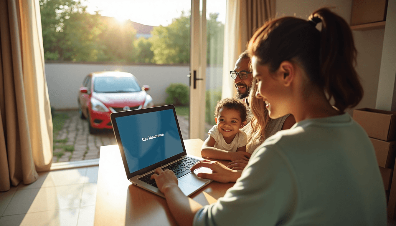 Family moving house reviewing car insurance at kitchen counter