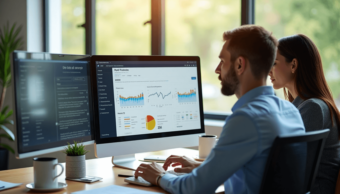 Insurance agents analyzing vehicle risk data on screens