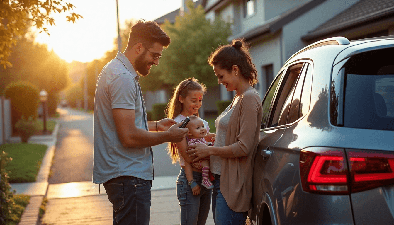 Family with modern SUV in sunny suburban driveway