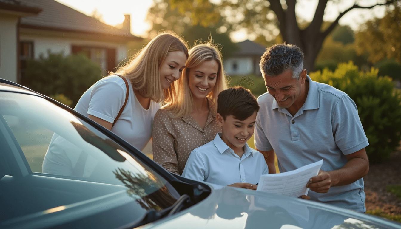 Family and teenage driver reviewing car insurance by car