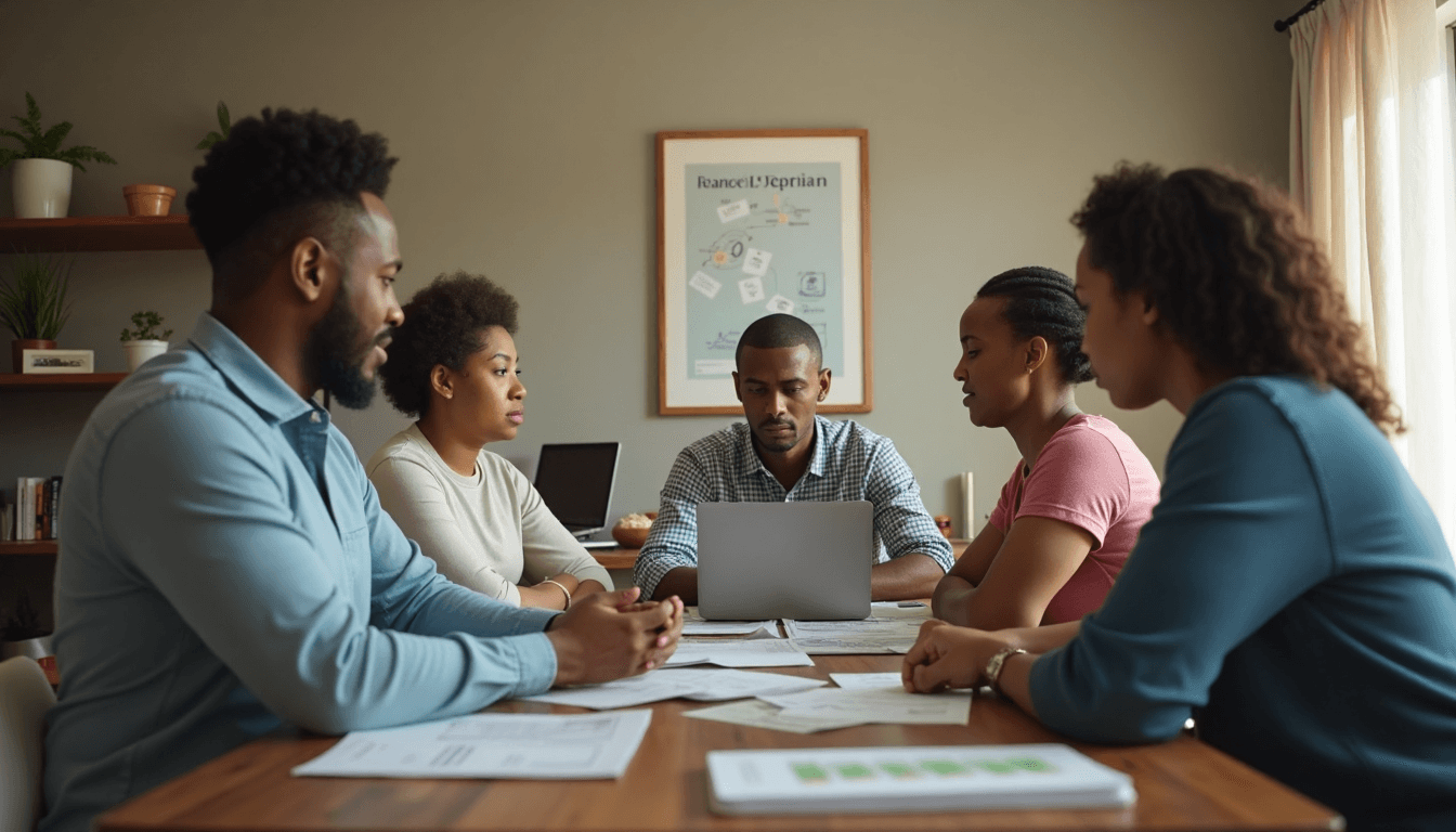 Family reviews medical bills and gap cover insurance documents at home