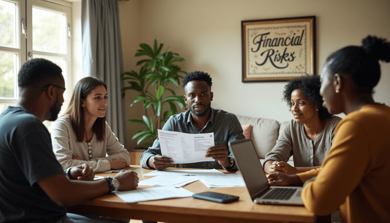 Group in South African living room discussing insurance coverage and financial risk.